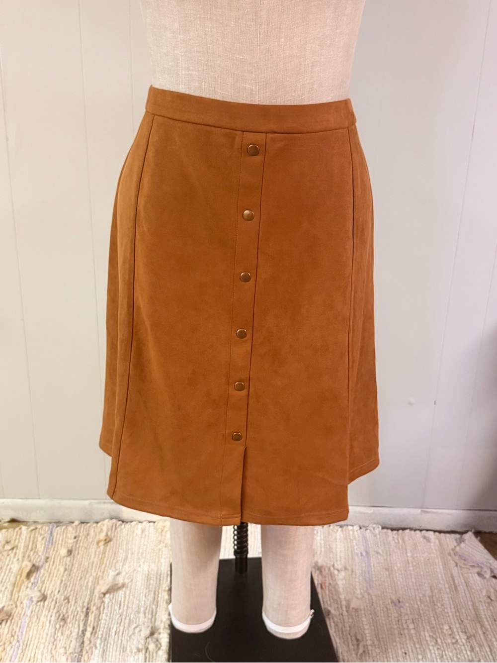 Button-Front A-Line Midi Skirt in Cognac Brown